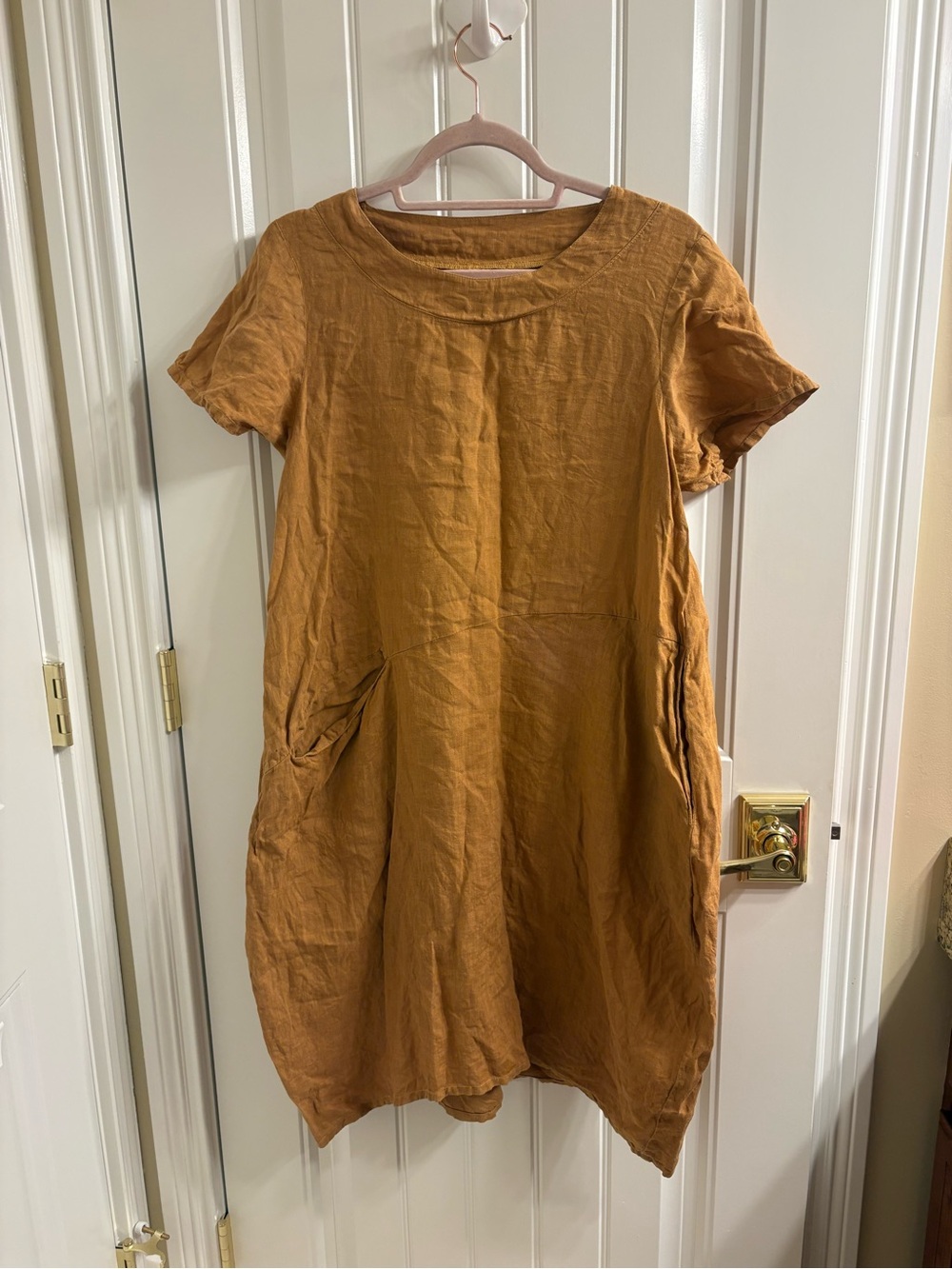 Lisa Bayne Mustard Linen Shift Dress Coastal Grandma Artsy Lagenlook Tunic XS
